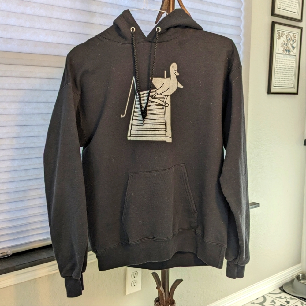 August the Duck merch, mens medium black hoodie.